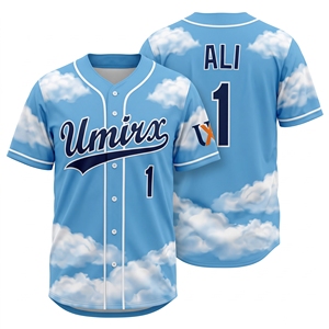 Camiseta de Béisbol Azul Cielo Personalizada con Estampado de Nubes, Nombre y Número Bordados, Sublimada, con Botones Completos, para Equipo de Softbol - Product Image 1