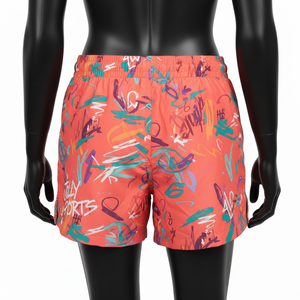 Shorts de Baño para Mujer de Poliéster de Secado Rápido, Color Naranja Coral, Estampado de Grafiti Multicolor, Logotipo Personalizado por Sublimación - Product Image 3