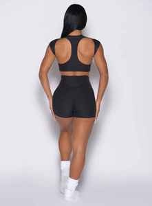 Women's <b>Black</b> 2 Piece Sports Set Crop <b>Top</b> High Waist Shorts Solid Color Spandex Knitted Breathable Skinny Fit Pocket Spring - Product Image 6