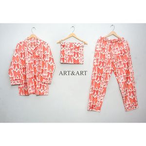 Ensemble de pyjama de luxe 100 % coton avec nœud imprimé, doux et confortable, idéal pour l'été, l'automne et le printemps, pour la nuit et la détente - Product Image 1