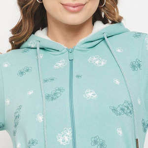 Sudadera con capucha y cremallera para mujer, estampada en color menta, mezcla de algodón, corte regular, informal. - Product Image 6