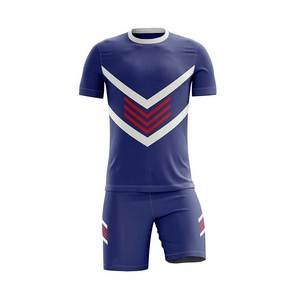 Maillot de football bleu pour homme avec imprimé géométrique blanc et rouge, manches courtes, en polyester respirant, vêtements de sport - Product Image 1