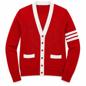 Cárdigan Rojo de Punto para Mujer, Cuello en V, Manga Larga, Botones en Contraste, Bolsillos Delanteros, Estilo Preppy, para Todas las Temporadas - Product Image 1