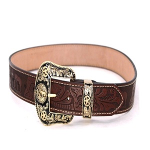 Cinturón Casual de Cuero Grabado Estilo Vaquero Vintage para Hombre, Marrón con Diseño Floral y Hebilla Plateada Grabada - Product Image 4
