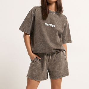Spandex+ Cotton Regular Fit Women's <b>Knee</b> 2 Piece Shorts Set Custom Embroidered Logo Solid Vintage Acid Wash Nonwoven Breathable - Product Image 4