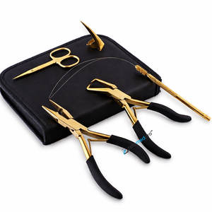 Kit de herramientas profesionales para extensiones de cabello con acabado dorado, que incluye alicates, tijeras, aguja de bucle en estuche con cremallera. - Product Image 1
