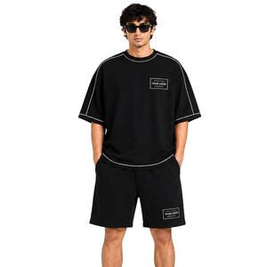 Black Mens Oversized <b>T</b> <b>Shirt</b> And Shorts Set Custom Logo Contrast Stitching Crew Neck Casual Streetwear Summer Two Piece Outfit - Product Image 1