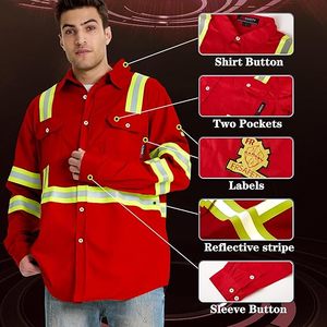 Men's Red <b>Flame</b> Resistant Hi Visibility Work <b>Shirt</b> with Reflective Stripes Long Sleeve 100% Cotton Safety Uniform Workwear - Product Image 4