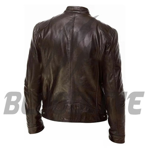 Men's Genuine <b>Leather</b> Moto Biker <b>Jacket</b> Stand Collar Zipper Closure Slim Fit Autumn Wear Solid Color Regular Sleeve - Product Image 4
