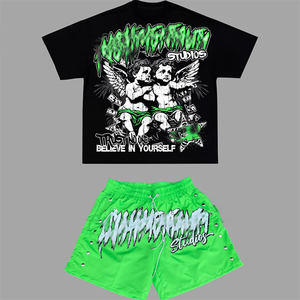 Vente en gros de haute qualité sérigraphie personnalisée hommes Vintage lavé acide lavage sweat shorts ensemble t-shirts et shorts pour hommes - Product Image 4