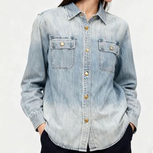 เสื้อเชิ้ตเดนิมผ้าฝ้ายใส่สบายสำหรับผู้หญิง กระดุมติดปก เสื้อเชิ้ตแขนยาวลำลองทรงหลวม สีน้ำเงิน ผ้าเดนิมนุ่ม - Product Image 2