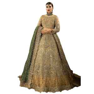 Robe de mariée de designer style Bollywood, robes de mariée et de demoiselle d'honneur en soie satinée et dentelle, longueur ras du sol, coupe trapèze, vente en gros - Product Image 1