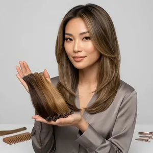 Long Brown Indian Human Hair Straight Silk Base Double Drawn <b>Clip</b> in Remy Hair 100% Density Full Head Set - Product Image 2