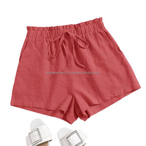 Short en lin kaki pour femme avec ceinture élastique avec cordon de serrage et ourlet roulé Style d'été décontracté respirant avec poches latérales - Product Image 4