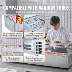 Stazione di Preparazione Refrigerata Elettrica da Banco da 150 W con 4 Vaschette da 1/3 e 4 Vaschette da 1/6 in Acciaio Inox 304 Resistente alle Macchie - Product Image 6