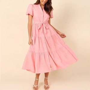 Vestido de Moda al por Mayor para Niñas con Botones al Frente, Elegante, Personalizado, Ropa de Mujer, Vestidos Camiseros con Cinturón, Casual - Product Image 4