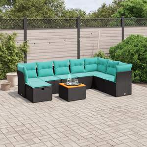 Juego de sofás de patio de ratán sintético negro de 9 piezas con cojines, conjuntos de jardín - Product Image 1
