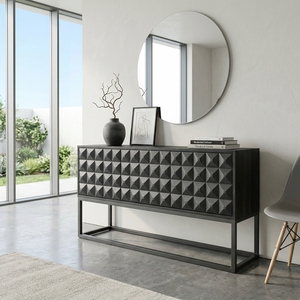 Dice Buffet Black Modern Wooden Credenza <b>Sideboard</b> <b>Storage</b> Cabinet With Geometric Diamond Pattern Carved Facade And Metal Base - Product Image 2