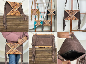 New Design Hand Tooled Suede Leather Fringe Crossbody <b>Bag</b> Women's Multifunctional Envelope <b>Bag</b> Genuine Leather Clutch Handbags - Product Image 3