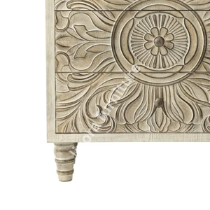 Luxury Handcrafted Solid Wood 3 Drawer Nightstand Ornate Sunburst Floral Carving Antique White Finish - Product Image 4
