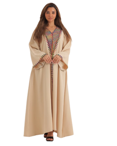 Women Beige Embroidered <b>Long</b> Sleeve Floor Length Abaya V Neck Loose Fit Ethnic Style Daily Wear Cotton <b>Dress</b> Middle East Style - Product Image 6