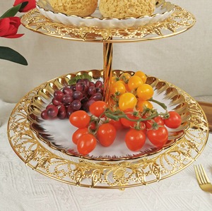 Three Tier <b>Gold</b> Plated <b>Serving</b> <b>Tray</b> Stand Round Decorative With Handle For Party Display - Product Image 4