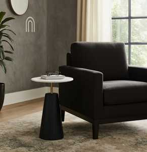 Modern Mood Modern Round <b>Marble</b> Top Coffee <b>Table</b> With Black Ribbed Base And Brass Stem For Living Room Furniture - Product Image 2