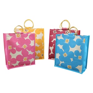 Sac fourre-tout en toile de jute et coton laminé PP, personnalisable, avec un grand motif floral attrayant, écologique, pour le shopping et les cadeaux - Product Image 2