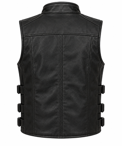 <b>Men's</b> <b>Black</b> Polyester Moto <b>Vest</b> Stand Collar Zipper Closure Multi Pockets Casual Outerwear Plus Size Regular Fit Solid Color - Product Image 2