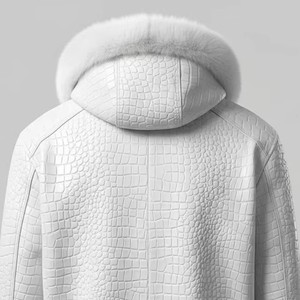 Veste matelassée à capuche pour homme en PU blanc effet croco avec doublure en fourrure, coupe-vent, manteau d'hiver décontracté, coupe régulière, fermeture éclair sur le devant - Product Image 4