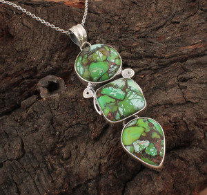 Collier vintage en argent 925 plaqué platine avec pendentif en zircon vert cuivre, pierre précieuse rétro bohème à 3 pierres, bijoux unisexes en gros - Product Image 5