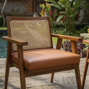 Fauteuil de salon d'extérieur en rotin et teck avec coussin, dossier tressé, pour patio, villa, bord de piscine - Product Image 4