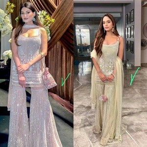 Robes de soirée en mousseline de soie beige simples et élégantes, longueur mi-cuisse, avec décoration en diamants, pour les occasions de fête, et un dupatta sharara assorti. - Product Image 2