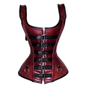 Women's Red Leather Corset With Zipper And Buckle Closure Firm Shaping Design For Daily Wear - Product Image 1