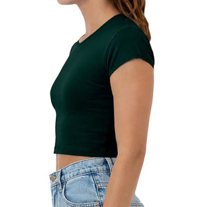 T-shirt court vert foncé pour femme, modèle vierge, manches courtes, col rond en coton, coupe ajustée, personnalisable avec impression graphique - Product Image 3