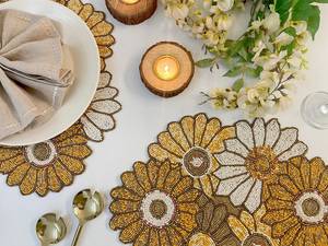 Handmade Luxury Eco-Friendly Beaded Placemat 17x12 Inch Sunflower Floral <b>Dinner</b> <b>Mat</b> for Home Use - Product Image 4