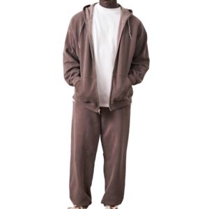 Conjunto de chándal vintage lavado para hombre con capucha, estilo oversize, sudadera con cremallera y pantalones de chándal, traje informal para correr, logotipo personalizado - Product Image 6