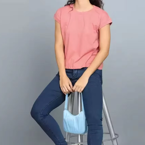 T-shirt en coton uni pour femme, col rond, coupe ajustée, manches courtes, tee-shirt basique, décontracté, à porter au quotidien - Product Image 5