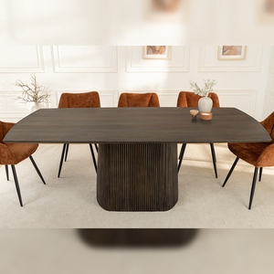 Vandana Rustic Aspect dining <b>table</b> GRAND 200cm dark <b>brown</b> mango wood boat shape with base - Product Image 4