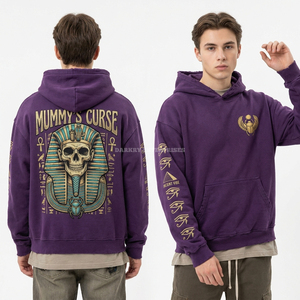 Sudadera con Capucha de Calavera de Faraón Egipcio con la Maldición de la Momia, 400GSM, Morado Oscuro, Borde Desgastado, Estilo Antiguo, Streetwear, Sudadera Gráfica para Hombre - Product Image 1