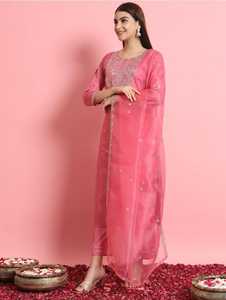 Conjunto de Salwar Kameez Kurta de Seda Rosa Bordada, Estilo Indio-Pakistaní, Vestido Étnico para Mujer, Ropa de Fiesta y Boda, Corte Elegante - Product Image 6