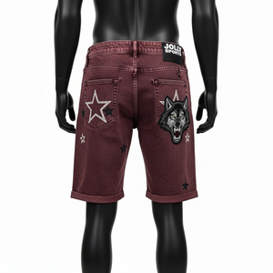 Burgundy Acid Wash Denim <b>Shorts</b> Heavy Cotton Denim Rolled Hem Streetwear Custom Embroidery <b>Patch</b> Logo Acid wash <b>men's</b> <b>shorts</b> - Product Image 6