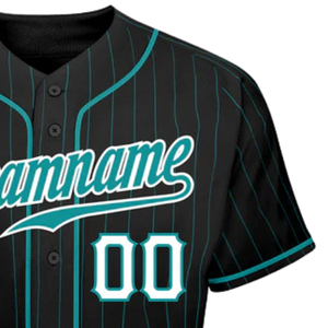 Men Black Aqua Pinstripe Teal White Baseball Jersey Button Front Team Shirt Performance <b>Athletic</b> Practice Game Uniform Wear - Product Image 4