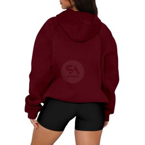 Sudadera con capucha casual de algodón 100% de peso pesado para mujer, estilo hip hop, transpirable, de manga larga, talla grande, para invierno, color borgoña - Product Image 2