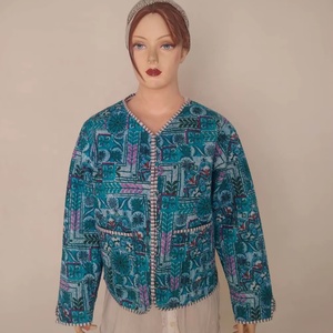 Chaqueta de Algodón Estampada Transpirable y Ecológica para Mujer, Reversible, con Diseño Floral Azul, Estilo Indio, para Otoño e Invierno - Product Image 1