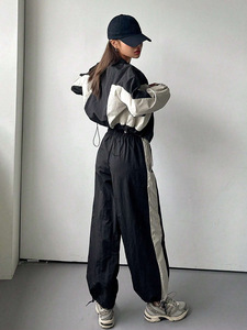 Conjunto Deportivo Casual de Dos Piezas para Mujer, Chaqueta de Manga Larga y Pantalones Anchos con Bloques de Color, Antiestático, Spandex/Poliéster - Product Image 5