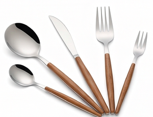 Ensemble de couverts à manche en bois avec finition miroir en acier inoxydable, passe au lave-vaisselle, design minimaliste pour la table de cuisine - Product Image 1