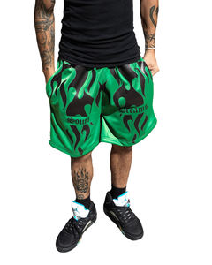 Pantalones cortos de baloncesto de satén con estampado de llamas personalizados para hombre, estilo urbano, corte holgado, en varios colores - Product Image 3