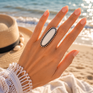 White Turquoise Statement <b>Ring</b> Vintage <b>Silver</b> Beaded Frame Adjustable Boho Jewelry for Women Gift - Product Image 1