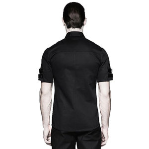 Men's Handmade Gothic Black Short Sleeve <b>Shirt</b> PU Leather <b>Patchwork</b> Pockets Rock Metal Streetwear Tops - Product Image 2